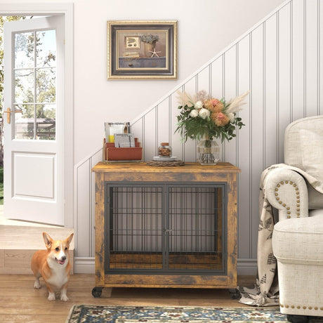 Rustic Brown Furniture Dog Crate With Rolling Casters - Sleep Galleria