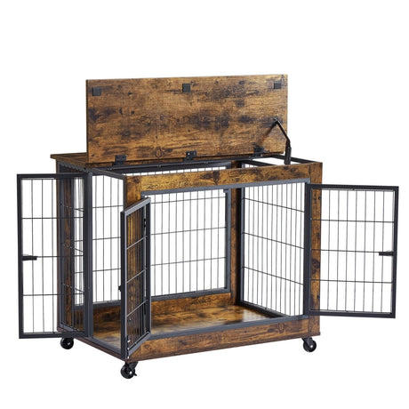 Rustic Brown Furniture Dog Crate With Rolling Casters - Sleep Galleria
