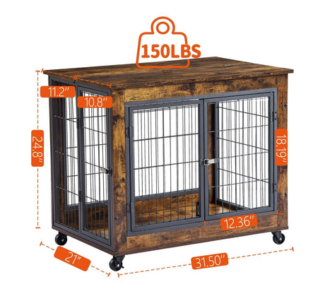 Rustic Brown Furniture Dog Crate With Rolling Casters - Sleep Galleria