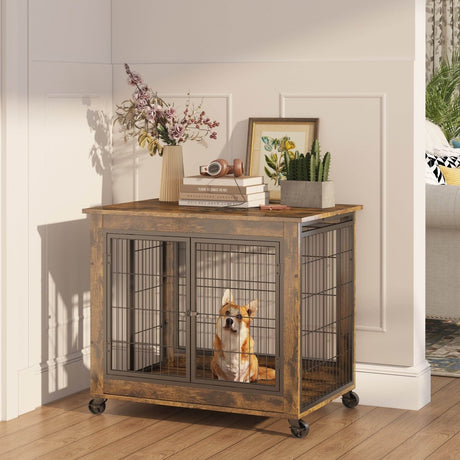 Rustic Brown Furniture Dog Crate With Rolling Casters - Sleep Galleria