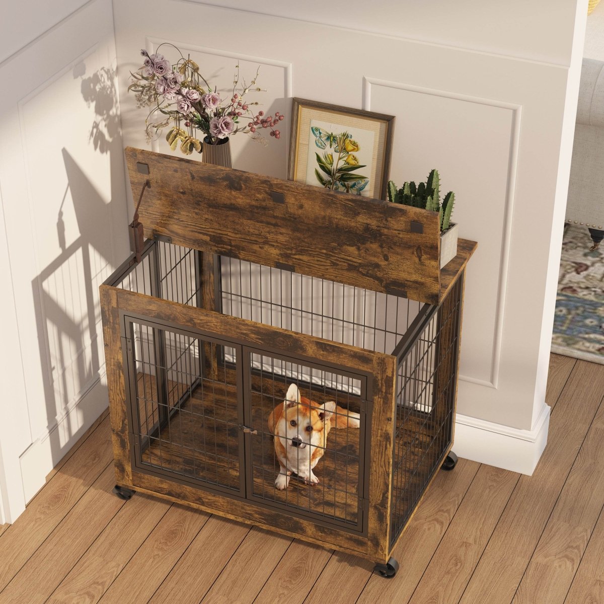 Rustic Brown Furniture Dog Crate With Rolling Casters - Sleep Galleria