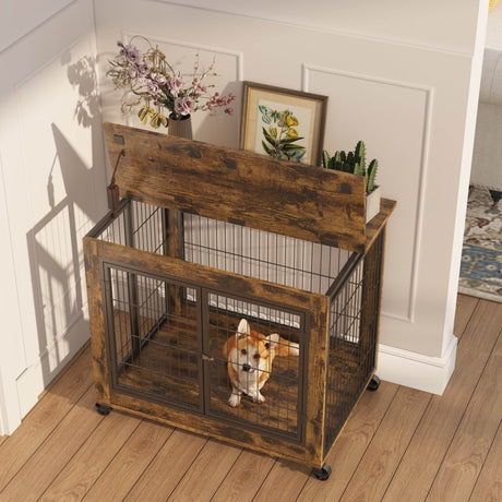 Rustic Brown Furniture Dog Crate With Rolling Casters - Sleep Galleria