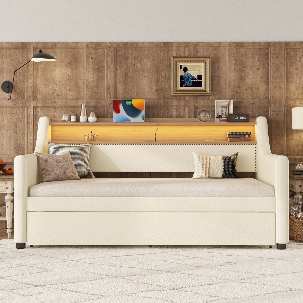 Twin PU Leather Daybed With Trundle Charging Station LED Light - Sleep Galleria