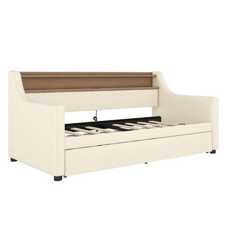 Twin PU Leather Daybed With Trundle Charging Station LED Light - Lunara - Sleep Galleria