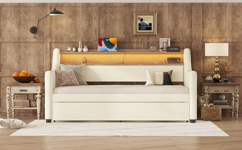 Twin PU Leather Daybed With Trundle Charging Station LED Light - Sleep Galleria