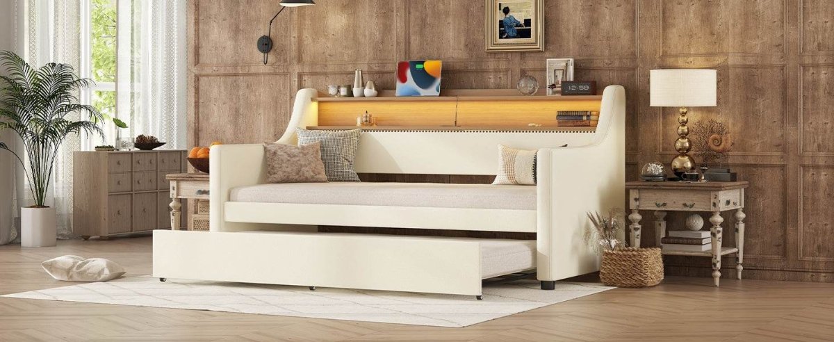 Twin PU Leather Daybed With Trundle Charging Station LED Light - Sleep Galleria
