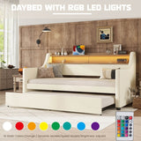 Twin PU Leather Daybed With Trundle Charging Station LED Light - Sleep Galleria