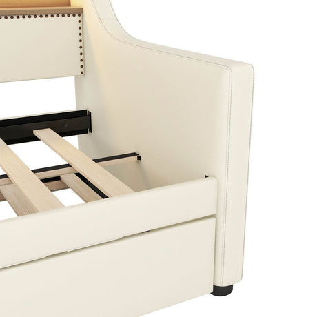 Twin PU Leather Daybed With Trundle Charging Station LED Light - Lunara - Sleep Galleria
