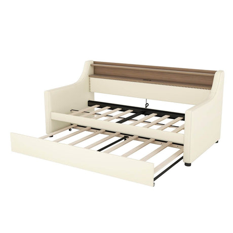 Twin PU Leather Daybed With Trundle Charging Station LED Light - Lunara - Sleep Galleria