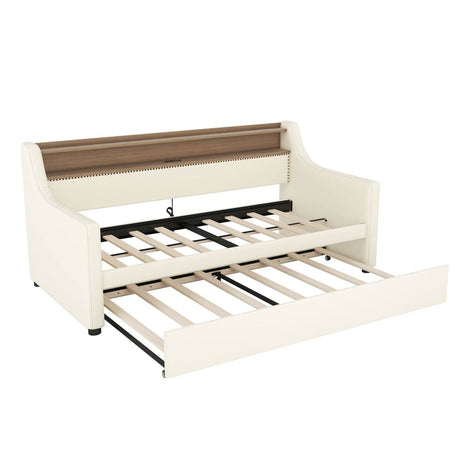 Twin PU Leather Daybed With Trundle Charging Station LED Light - Lunara - Sleep Galleria