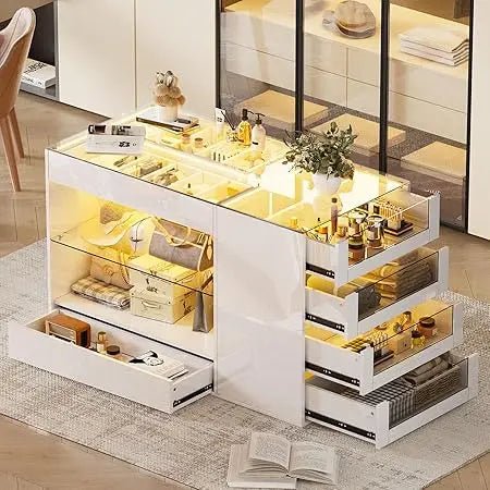 Modern White Glossy Closet Island With Drawers And Light - MKDK - Sleep Galleria