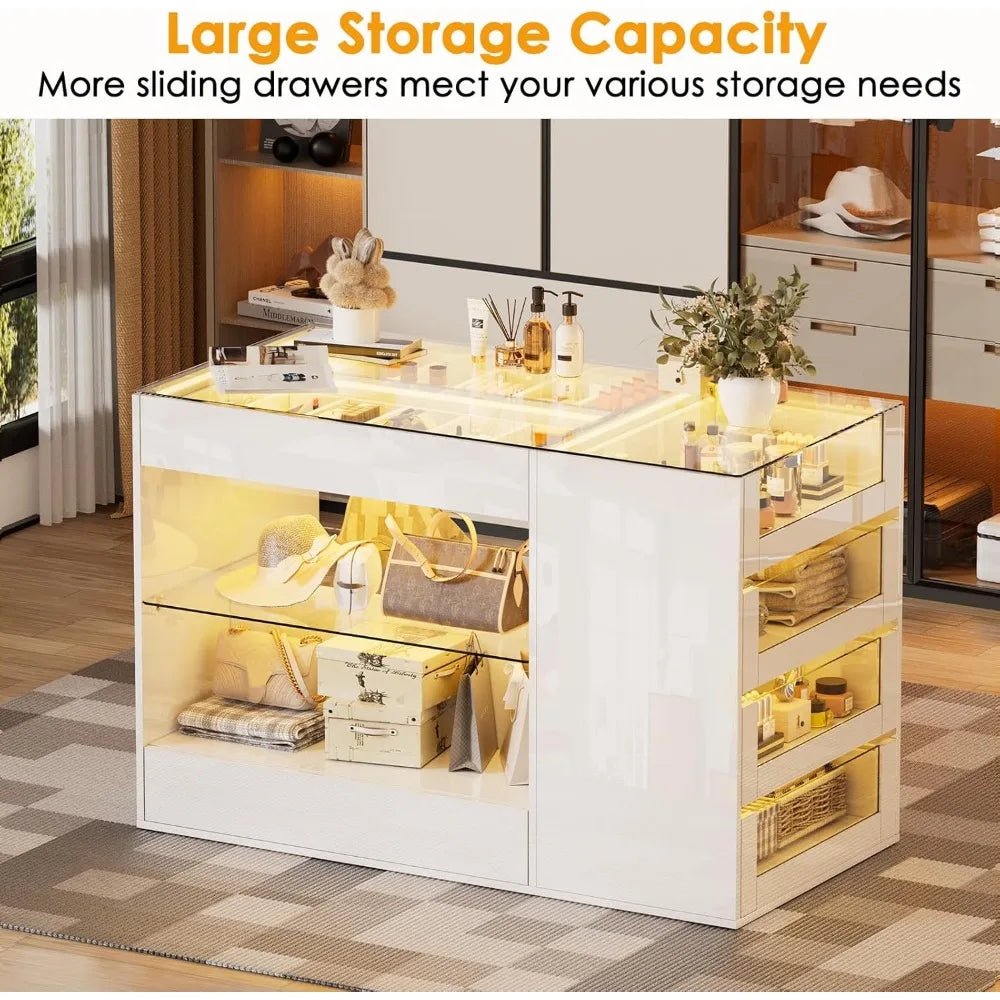 Modern White Glossy Closet Island With Drawers And Light - MKDK - Sleep Galleria