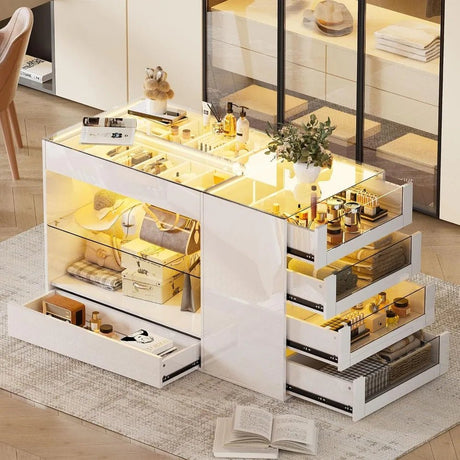 Modern White Glossy Closet Island With Drawers And Light - MKDK - Sleep Galleria