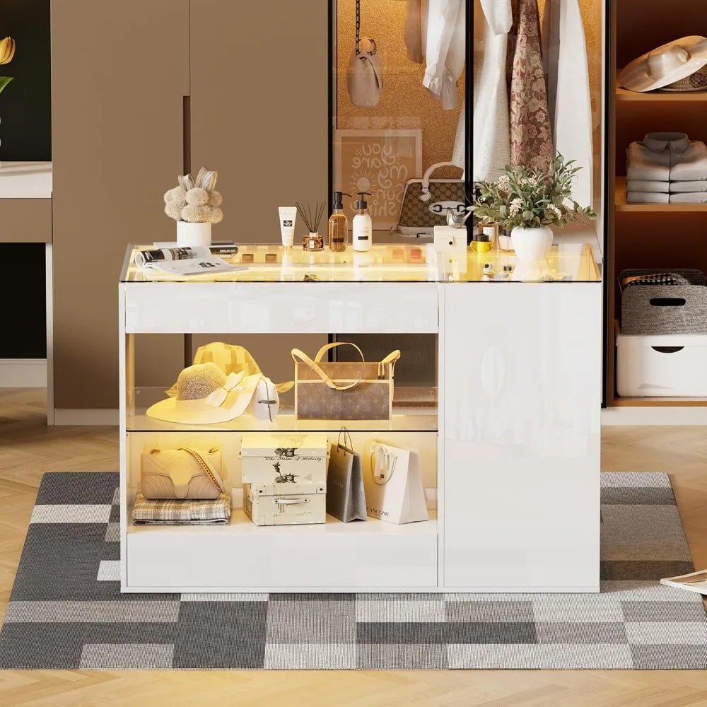 Modern White Glossy Closet Island With Drawers And Light - MKDK - Sleep Galleria