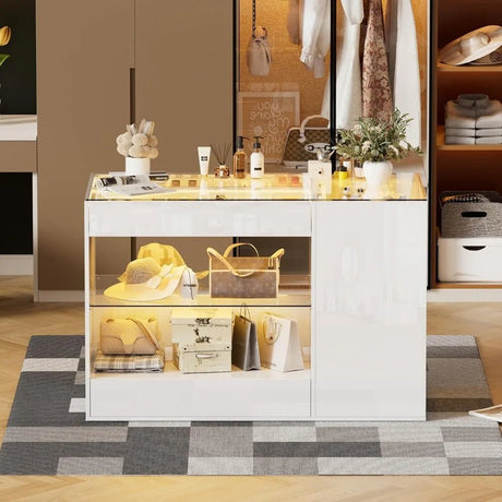 Modern White Glossy Closet Island With Drawers And Light - MKDK - Sleep Galleria