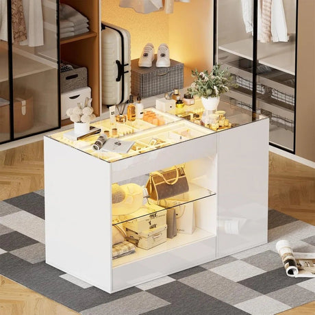 Modern White Glossy Closet Island With Drawers And Light - MKDK - Sleep Galleria