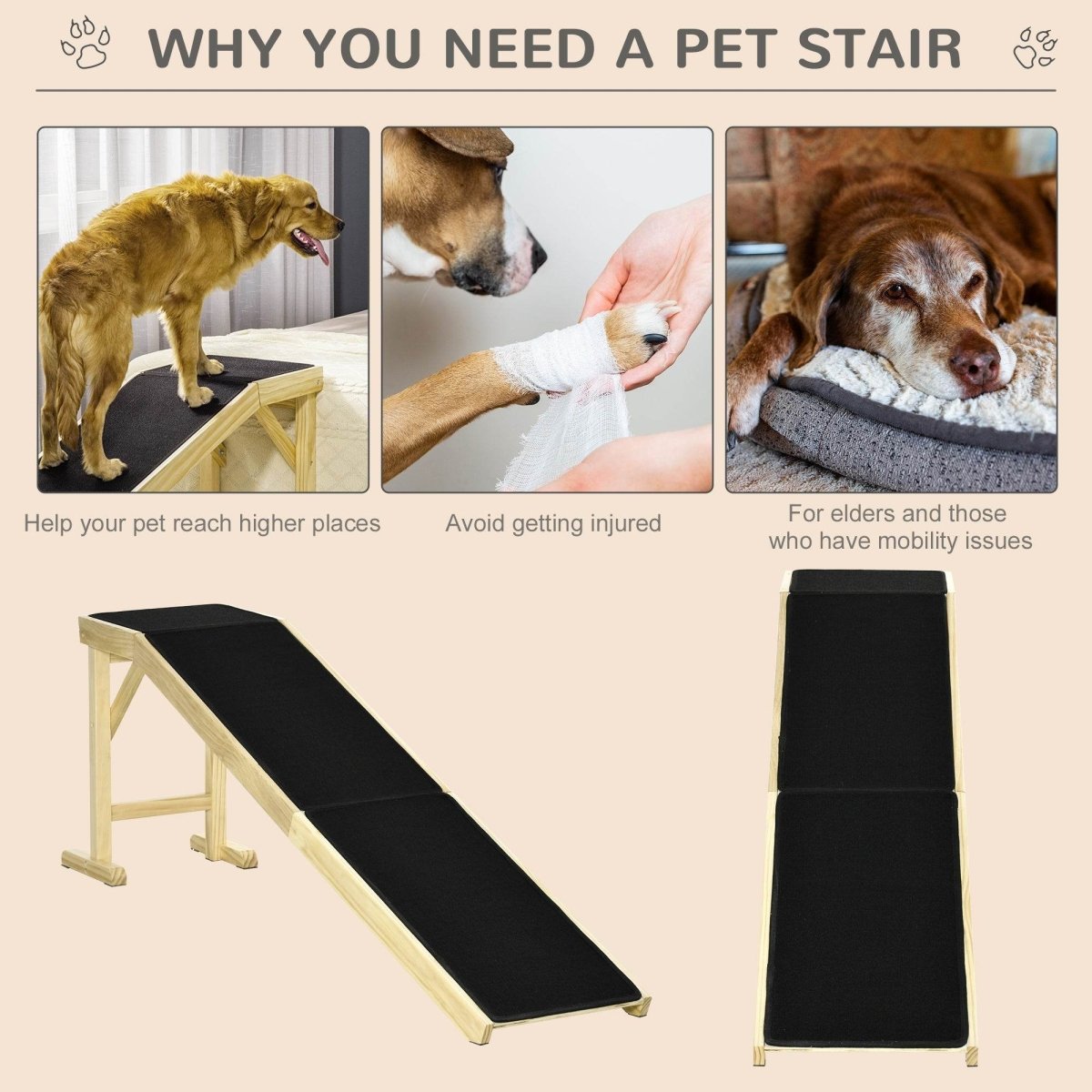Natural Wood Pet Ramp With Non-Slip Carpet Platform - Sleep Galleria