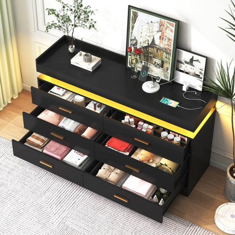 Modern 6 Drawer Wooden Dresser With LED Light - Sleep Galleria