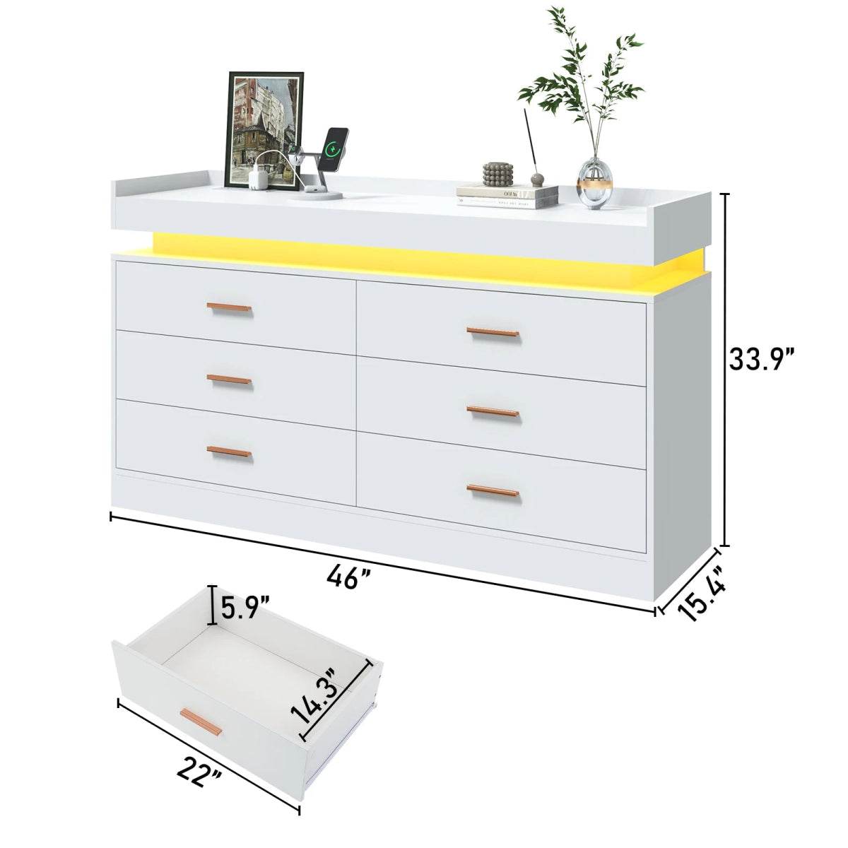 Modern 6 Drawer Wooden Dresser With LED Light - Sleep Galleria