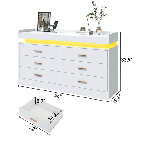 Modern 6 Drawer Wooden Dresser With LED Light - Sleep Galleria