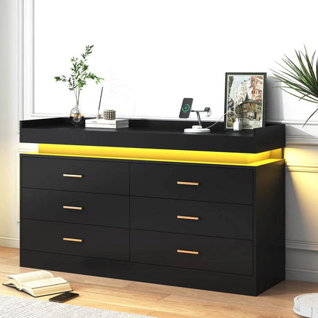 Modern 6 Drawer Wooden Dresser With LED Light - Sleep Galleria