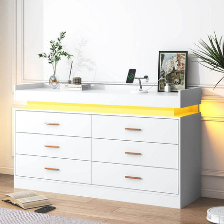 Modern 6 Drawer Wooden Dresser With LED Light - Sleep Galleria