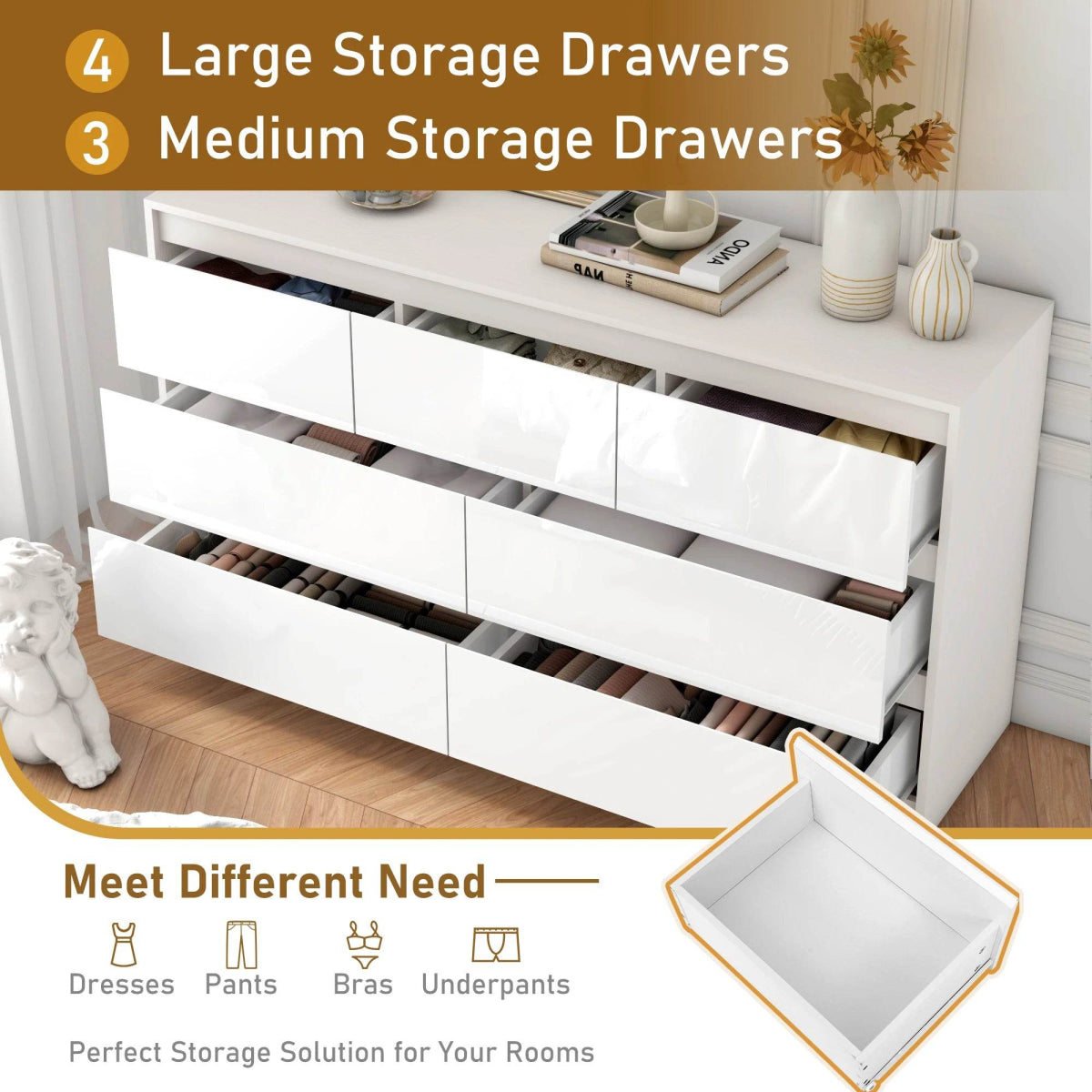 Modern 7 - Drawer High Gloss Wood Dresser Chest - Qiaoshiren - Sleep Galleria