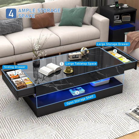 Modern LED Coffee Table With Storage Drawers - Sleep Galleria