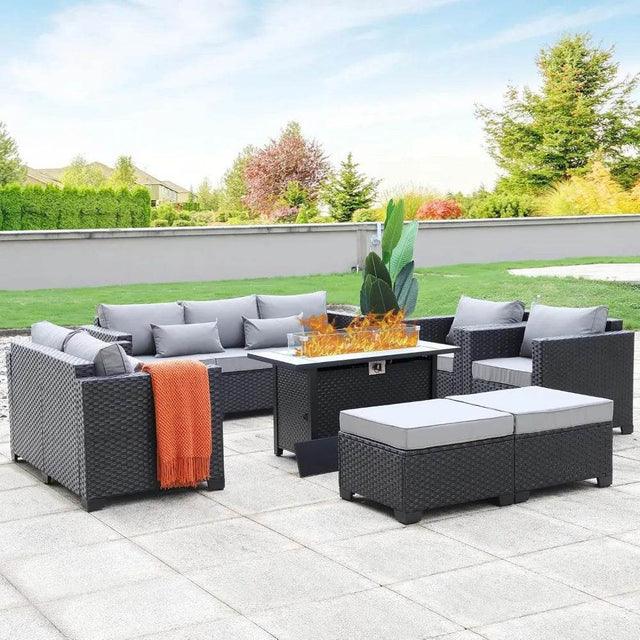 7-Piece Outdoor Wicker Furniture Set With Fire Pit Table - Sleep Galleria