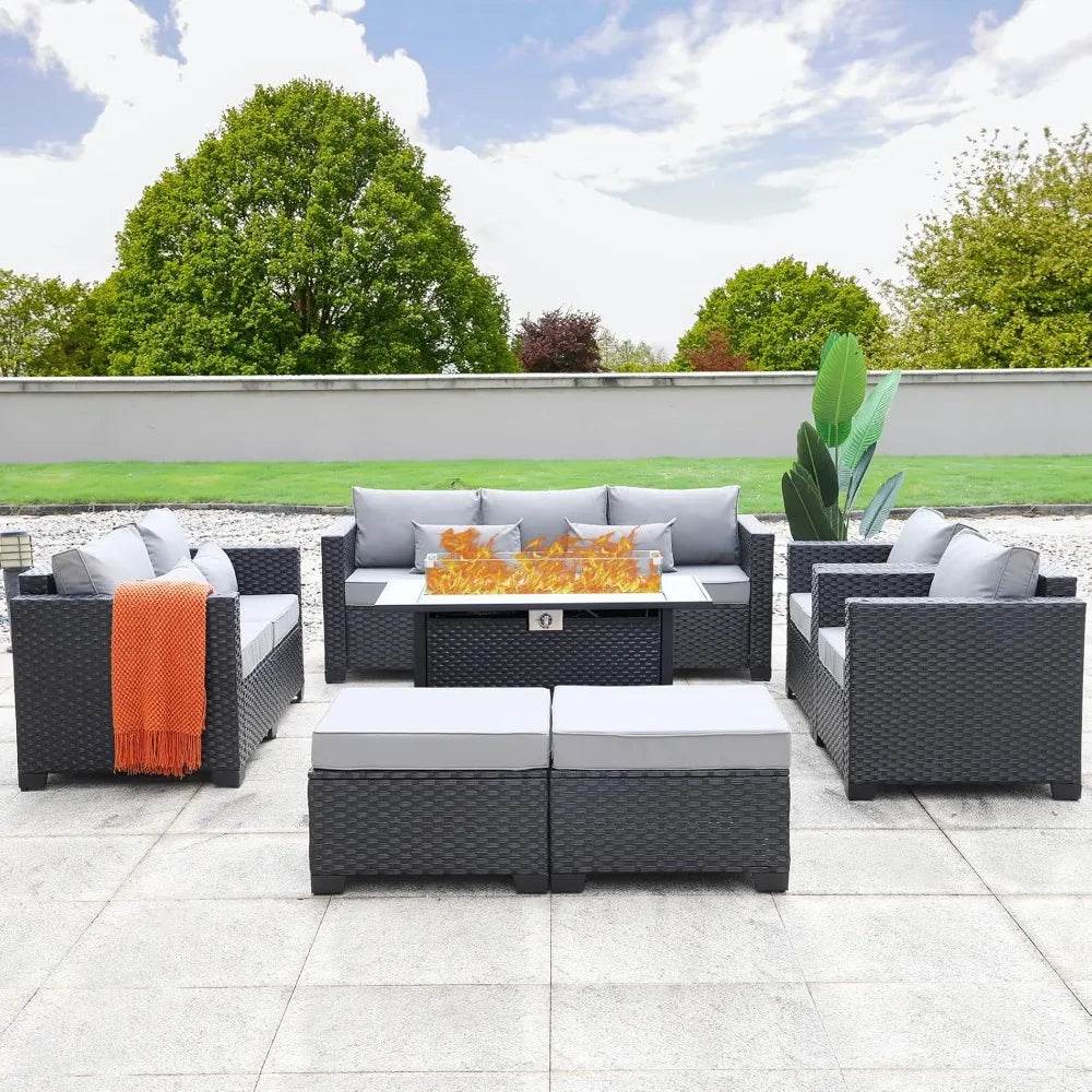7-Piece Outdoor Wicker Furniture Set With Fire Pit Table - Sleep Galleria