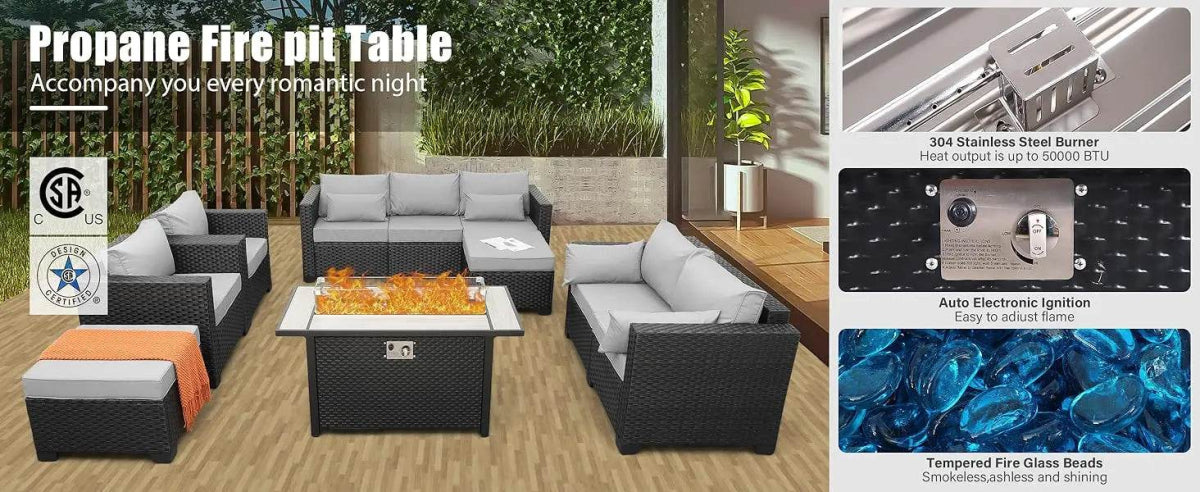 7-Piece Outdoor Wicker Furniture Set With Fire Pit Table - Sleep Galleria