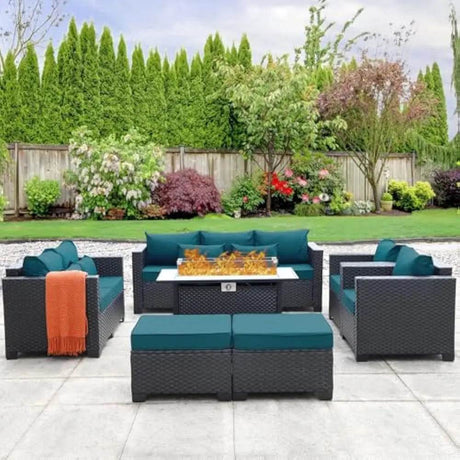 7-Piece Outdoor Wicker Furniture Set With Fire Pit Table - Sleep Galleria