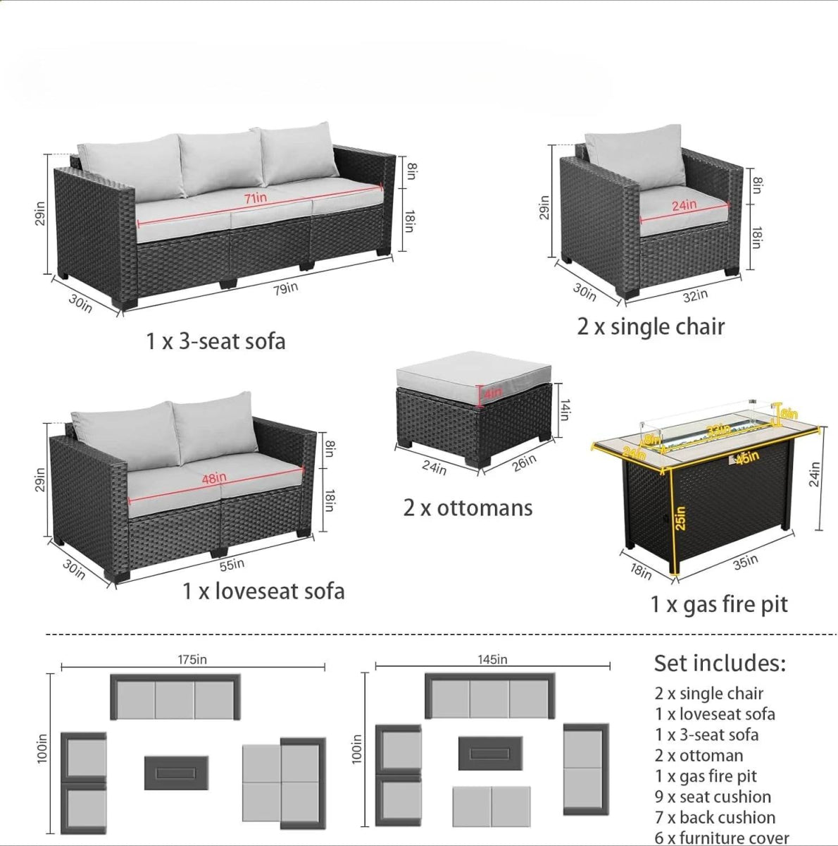 7-Piece Outdoor Wicker Furniture Set With Fire Pit Table - Sleep Galleria