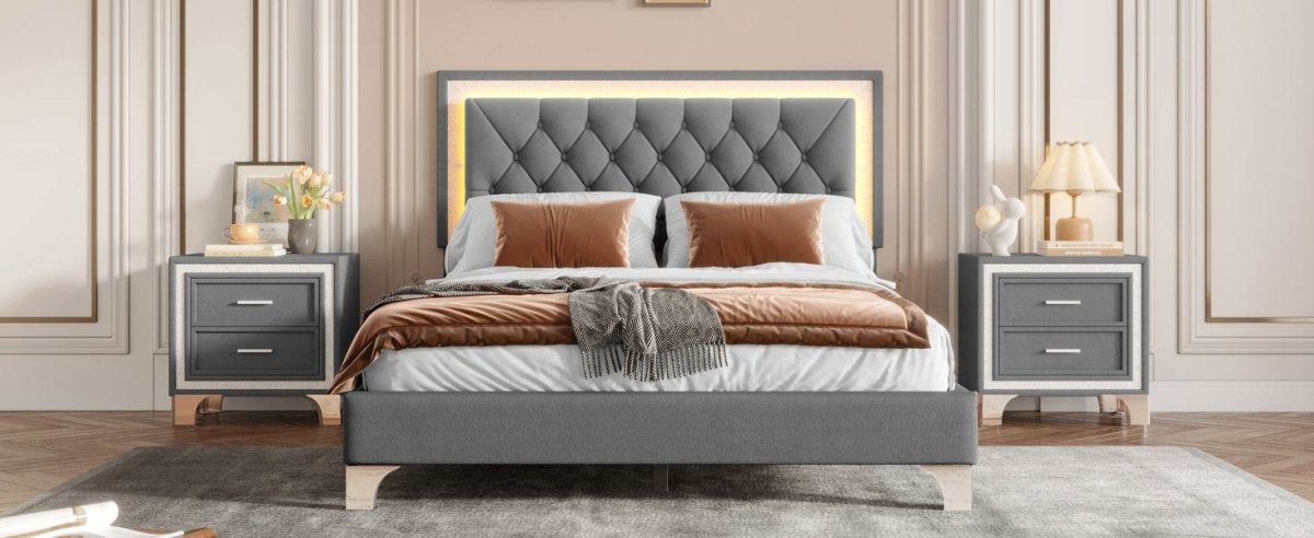 3-Piece Upholstered Platform Bed Frame With LED Lights - Sleep Galleria