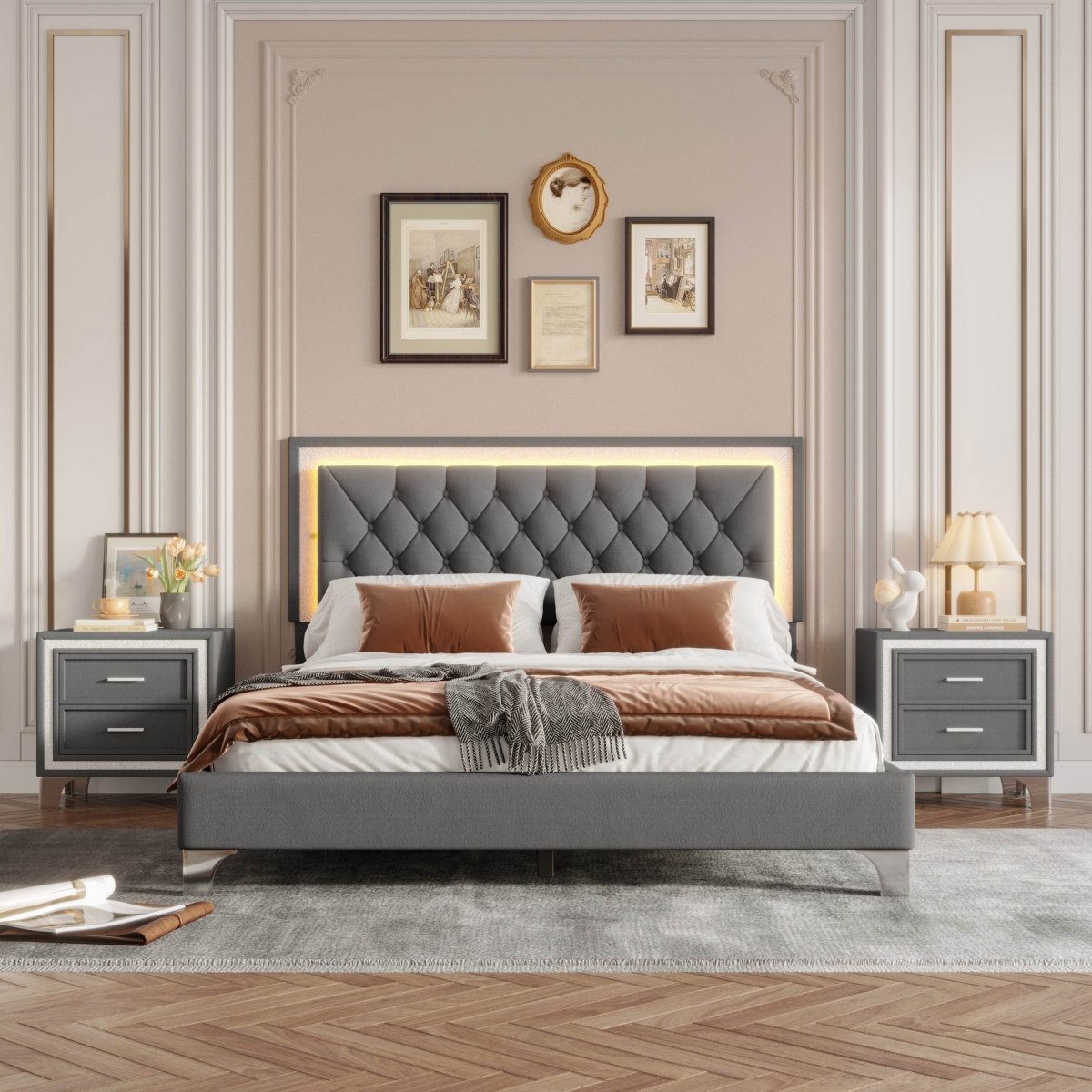 3-Piece Upholstered Platform Bed Frame With LED Lights - Sleep Galleria