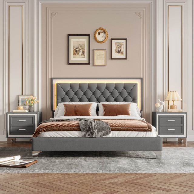 3-Piece Upholstered Platform Bed Frame With LED Lights - Sleep Galleria
