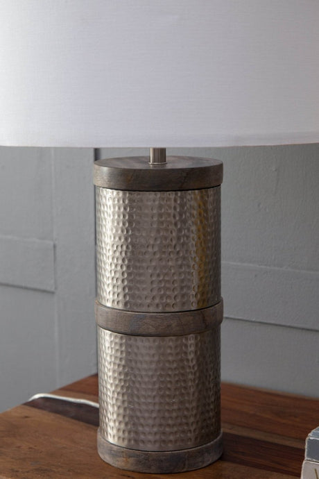 Hammered Iron Mango Wood Fabric Drum Table Lamp - Restalyn - Sleep Galleria