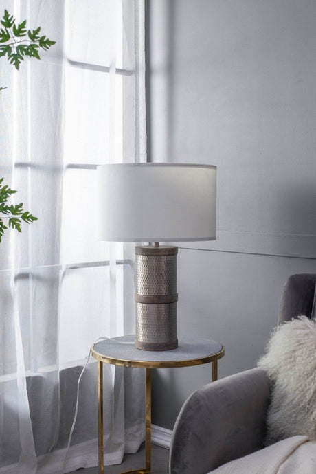 Hammered Iron Mango Wood Fabric Drum Table Lamp - Restalyn - Sleep Galleria