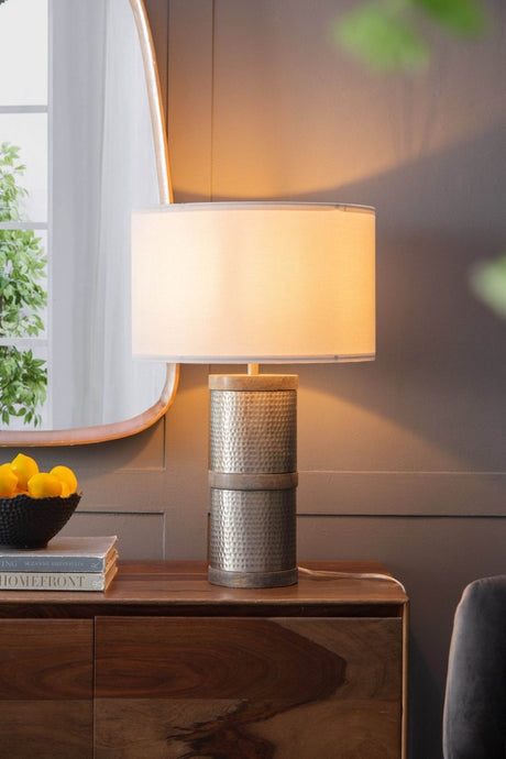 Hammered Iron Mango Wood Fabric Drum Table Lamp - Restalyn - Sleep Galleria