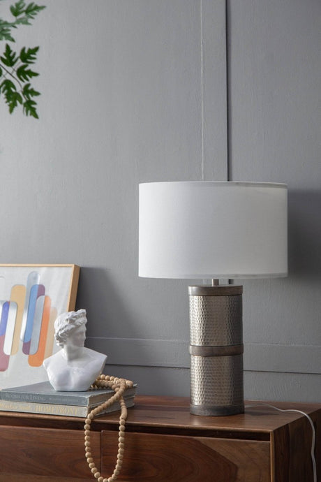 Hammered Iron Mango Wood Fabric Drum Table Lamp - Restalyn - Sleep Galleria