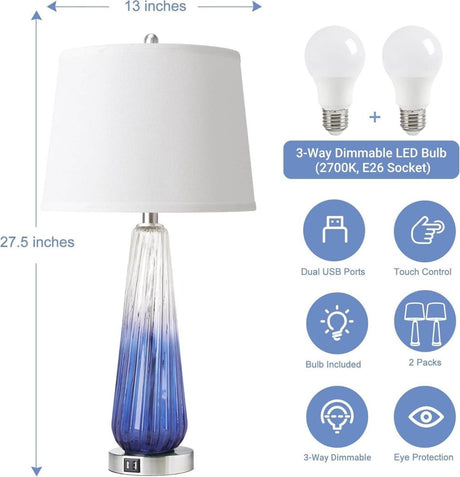 Set Of 2 Modern Glass Table Lamps With USB Ports - Sleep Galleria