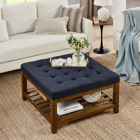 Tufted Linen Square Ottoman With Beech Wood Shelf - Restalyn - Sleep Galleria