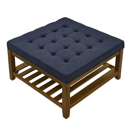 Tufted Linen Square Ottoman With Beech Wood Shelf - Restalyn - Sleep Galleria