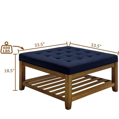 Tufted Linen Square Ottoman With Beech Wood Shelf - Restalyn - Sleep Galleria