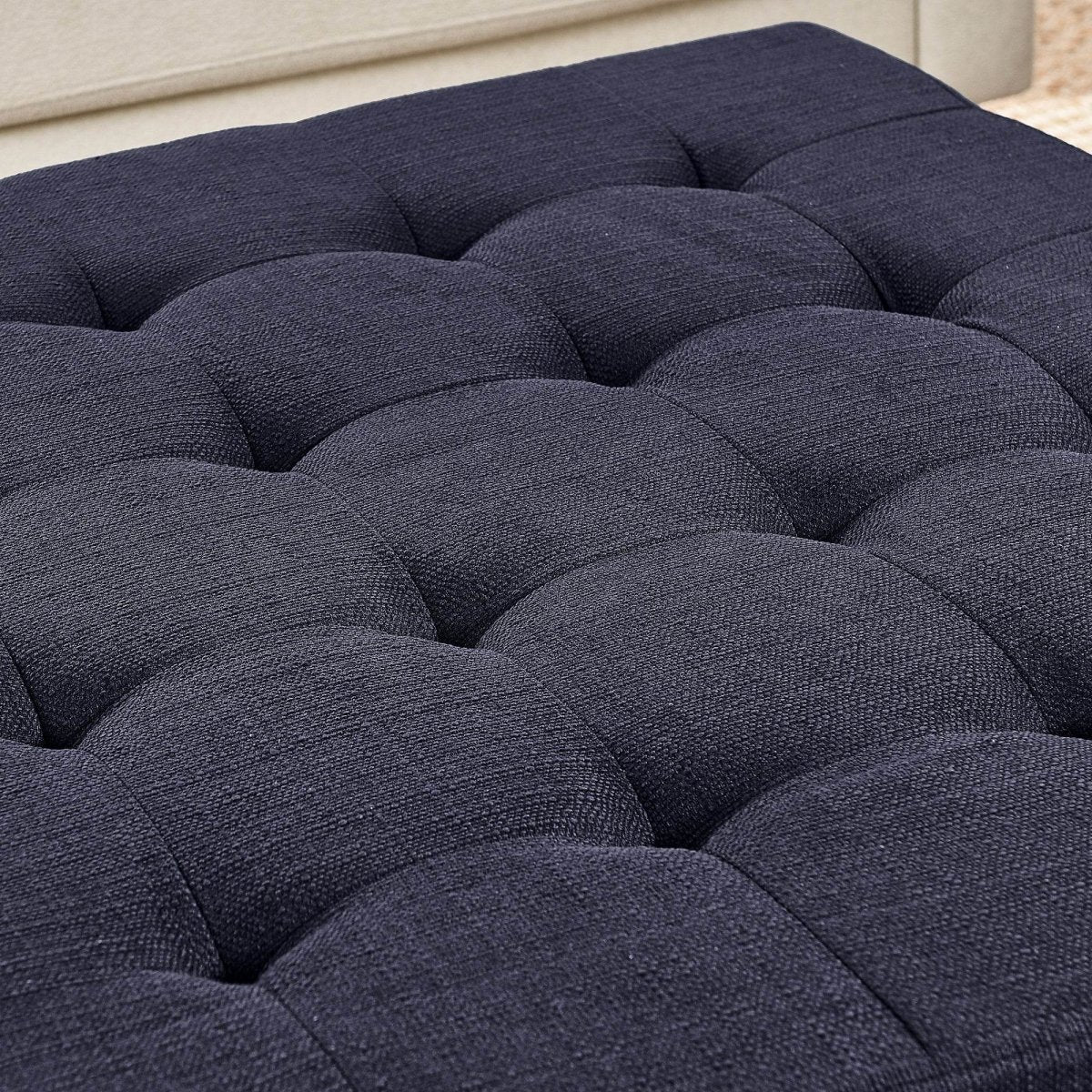 Tufted Linen Square Ottoman With Beech Wood Shelf - Sleep Galleria