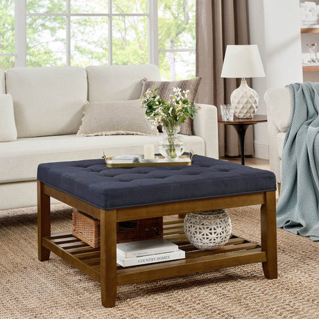 Tufted Linen Square Ottoman With Beech Wood Shelf - Restalyn - Sleep Galleria