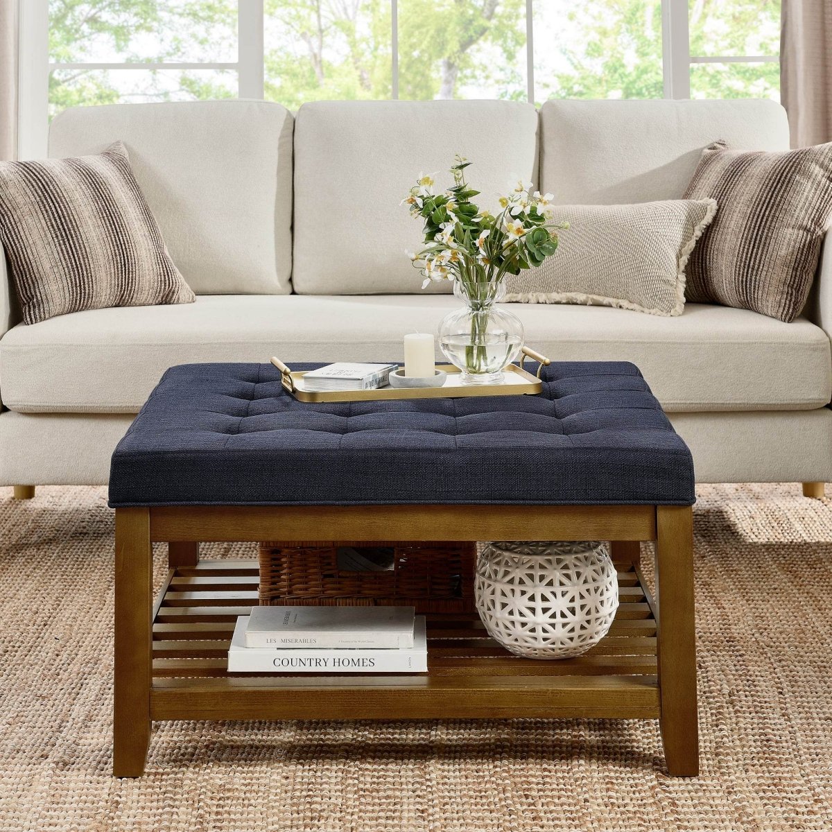 Tufted Linen Square Ottoman With Beech Wood Shelf - Sleep Galleria