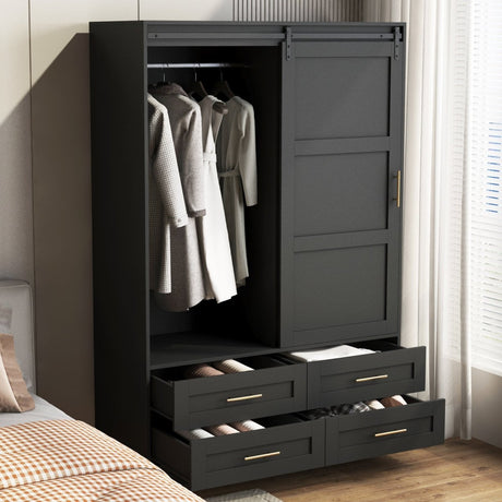 Black MDF Sliding Barn Door Armoire Wardrobe Cabinet - Restanew - Sleep Galleria