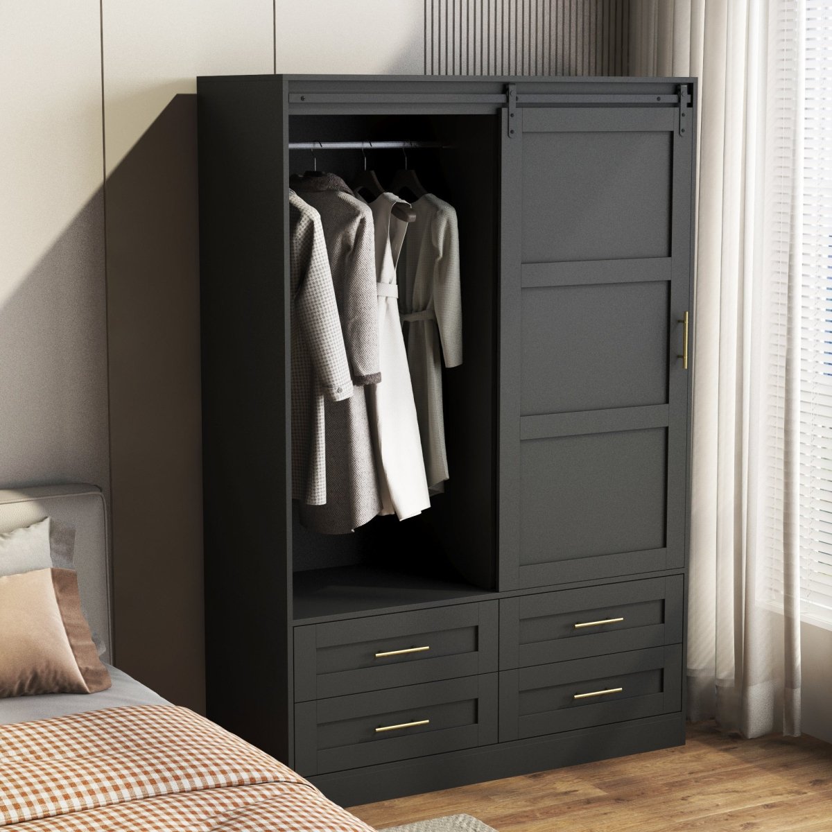 Black MDF Sliding Barn Door Armoire Wardrobe Cabinet - Restanew - Sleep Galleria