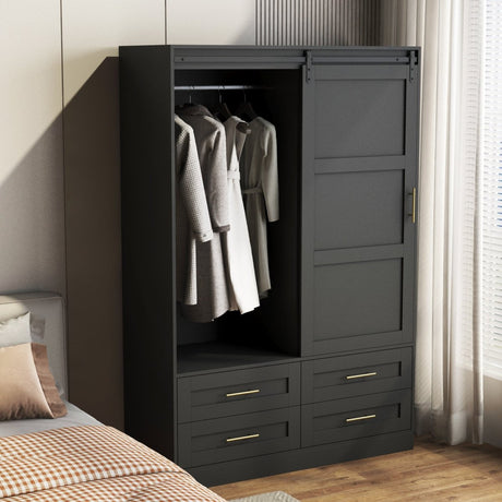 Black MDF Sliding Barn Door Armoire Wardrobe Cabinet - Restanew - Sleep Galleria